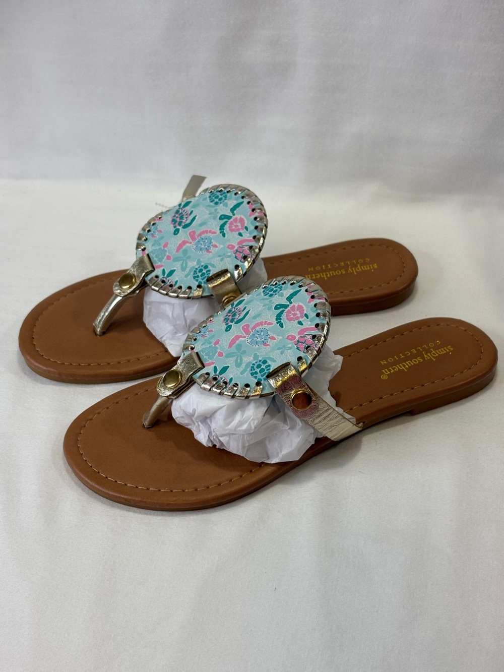 NWT Simply Southern Floral Gold Reversible Sandals - Blue/Pink SZ 6